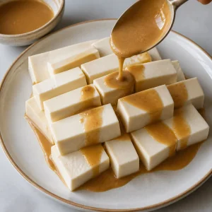 Rectangles de tofu arrosés de sauce cacahuète détendue