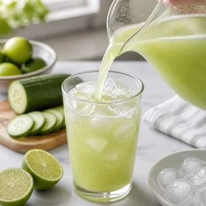 Cucumber lime agua fresca being poured over ice
