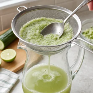 Cucumber mixture being strained through a sieve into a pitcher