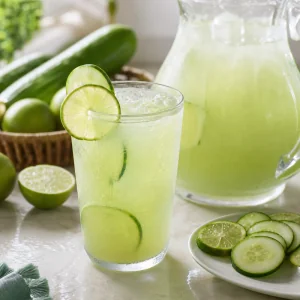 Finished cucumber lime agua fresca with ice, cucumber, and lime