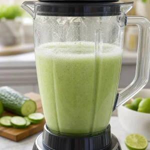 Foamy pale green cucumber mixture in a blender