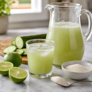 Tasting glass of cucumber lime agua fresca with sugar and lime