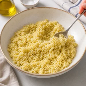 Couscous being tossed with lemon dressing