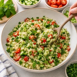 Cucumber, tomatoes, and herbs being folded into couscous