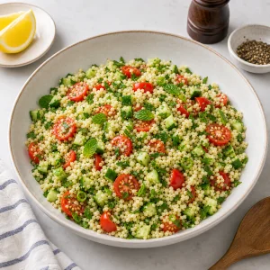 Finished couscous salad resting before serving