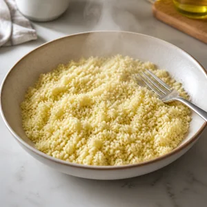 Fluffed couscous cooling in a bowl
