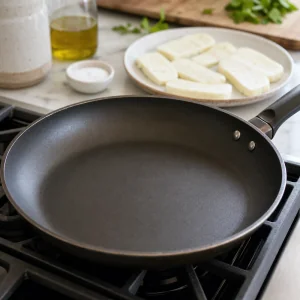 Empty skillet heating with halloumi slices nearby