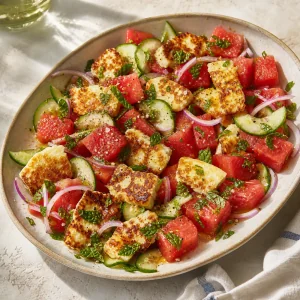 Salada pronta de halloumi e melancia com pepino, cebola roxa e hortelã