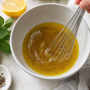 Glossy lemon olive oil dressing being whisked in a bowl