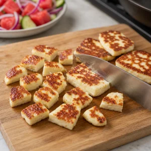Seared halloumi being cut into bite-size pieces