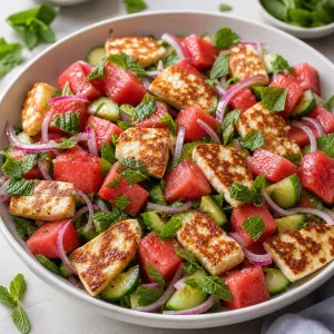 Warm halloumi added to watermelon salad with torn mint