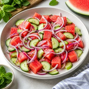 Watermelon, cucumber, and red onion arranged in a serving bowl
