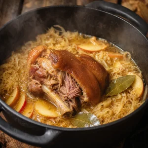 Braised pork knuckle nestled with sauerkraut and apple slices