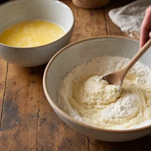 Dumpling batter mixed in a bowl beside egg and milk