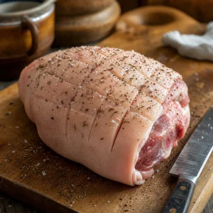 Scored raw pork knuckle seasoned with pepper and caraway