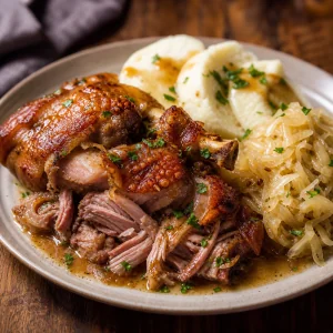 Sliced pork knuckle served with sauerkraut, dumplings, and parsley