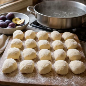 Dumpling dough divided on a floured board beside fruit and a boiling pot