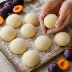 Filled fruit dumplings rolled into smooth balls on a floured tray