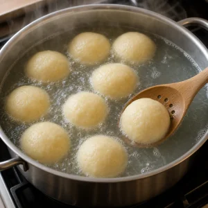 Fruit dumplings gently boiling and floating in a wide pot