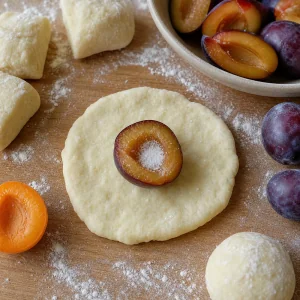 Plum half placed on a flattened round of dumpling dough with sugar