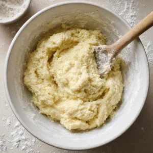 Soft potato-cheese dumpling dough mixed with flour in a bowl