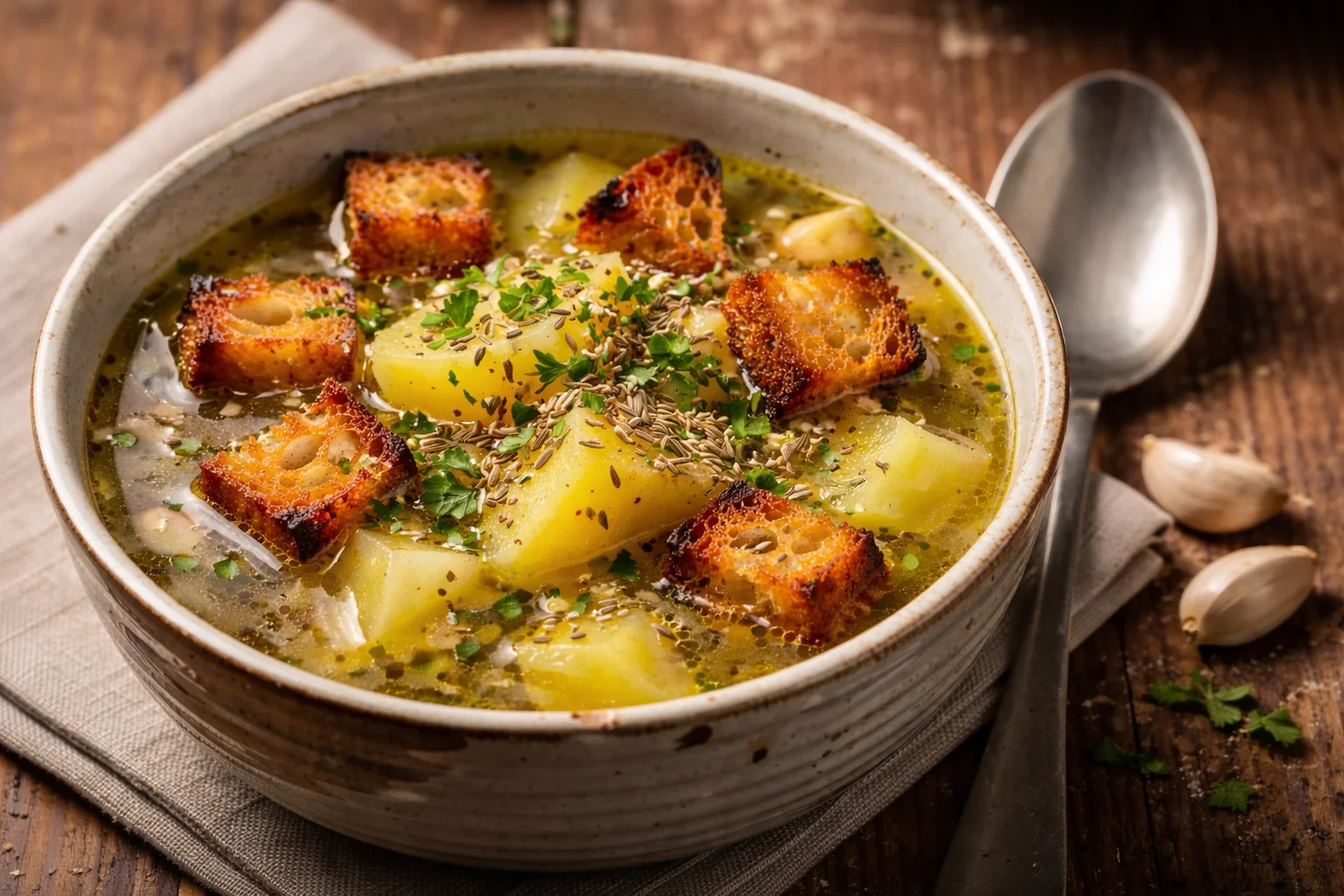 Czech Garlic Soup (Česnečka) with Potatoes & Caraway