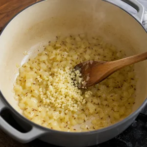 Minced garlic and caraway seeds stirred into softened onions.
