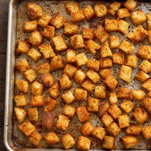 Paprika-seasoned bread cubes toasted golden for soup croutons.