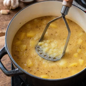Potato masher thickening chunky garlic potato soup in the pot.