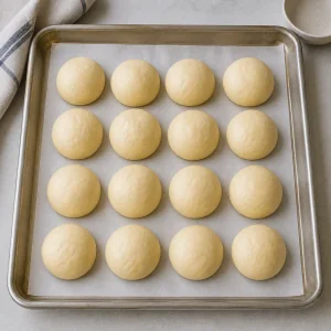 Boules de pâte façonnées sur une plaque couverte de papier cuisson