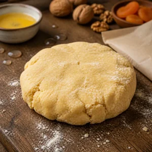 Butter pastry dough shaped into a disk on flour