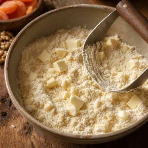 Cold butter cut into flour for pastry dough