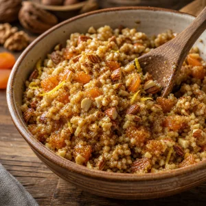 Glossy nut and dried apricot filling in a bowl