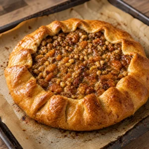 Golden baked pie with bubbling nut apricot filling