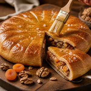Honey-glazed Botlikh pie sliced for serving