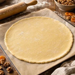 Round pastry dough rolled out on parchment