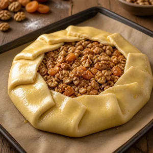 Unbaked pleated pie filled with nuts and apricots