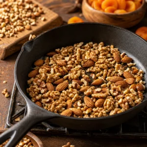 Walnuts and almonds toasting in a dry skillet