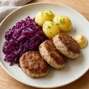 Frikadeller danesi servite con cavolo rosso e patate lesse