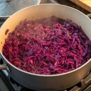 Glänzender Rotkohl köchelt in einem Topf