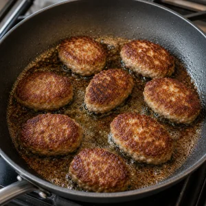Ovale Frikadeller bräunen in einer Pfanne mit Butter