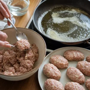 Schweinehackmasse wird mit zwei Löffeln zu ovalen Frikadeller geformt