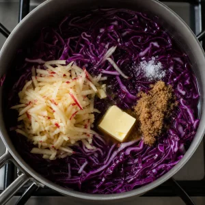 Rotkohl, geriebener Apfel, Zucker und Butter in einem Topf