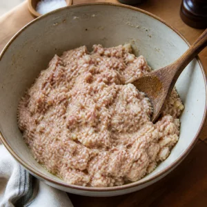 Klebrige Schweinehackmasse für Frikadeller in einer Schüssel