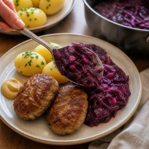 Warmer Rotkohl wird neben Frikadeller auf den Teller gegeben