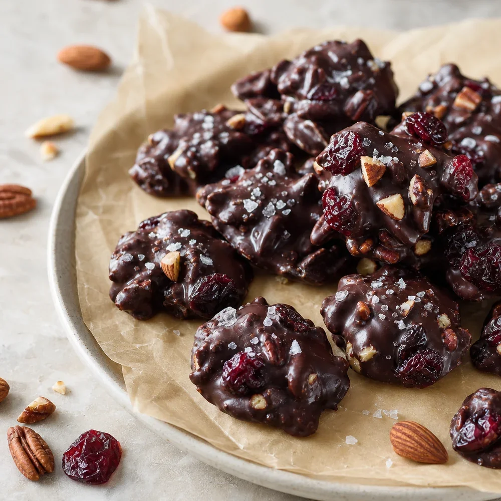 Dark chocolate cherry clusters with toasted nuts and flaky salt