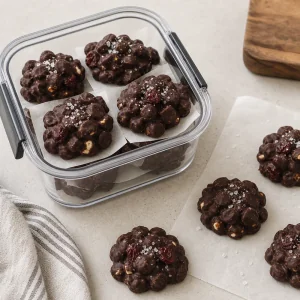 Firm chocolate cherry clusters stored with parchment in an airtight container