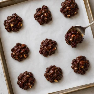 Freshly spooned chocolate cherry nut clusters on parchment