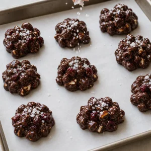 Glossy chocolate clusters sprinkled with flaky sea salt