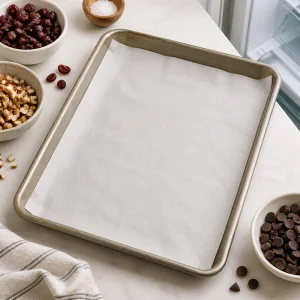 Parchment-lined baking sheet ready for chocolate clusters